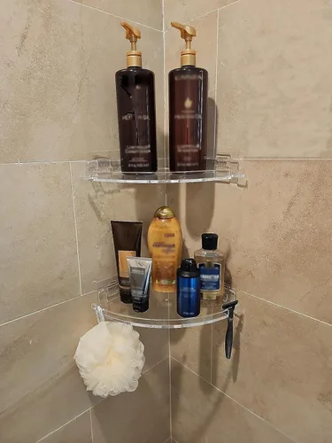 Vista 5 de JiePai Estante esquinero de acrílico para ducha con ganchos, paquete de 2, organizador adhesivo de ducha de baño montado en la pared