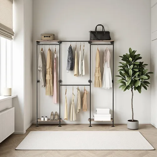 Vista 7 de KaKaBB Perchero industrial de tubería, perchero de pared para colgar ropa, perchero de esquina ajustable en forma de L con estantes, sistema de Negro
