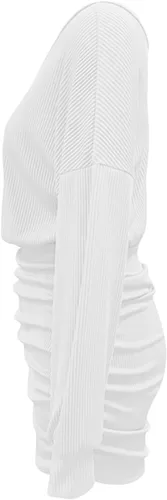 Vista 4 de Luckinbaby Vestido de manga larga de punto para mujer, vestido corto fruncido, con hombros descubiertos, sexy, de punto, mini vestidos ajustados