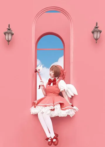 Vista 5 de Cardcaptor Sakura Cosplay Sakura - Vestido de uniforme para niña, vestido rosa, traje de batalla para Halloween