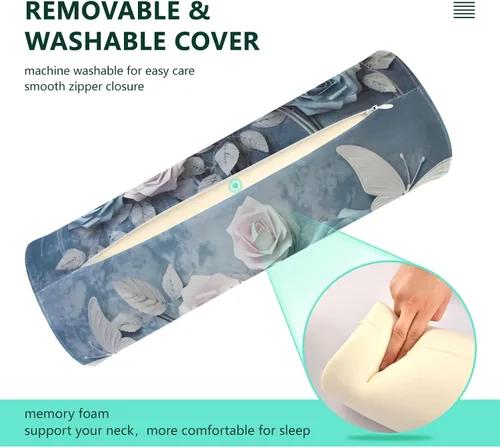 Vista 4 de Blue and White Roses Neck Pillow for Sleeping, Cervical Roll Memory Foam Pillows for Neck Pain Relief, Neck Support Round Pillows with Washable