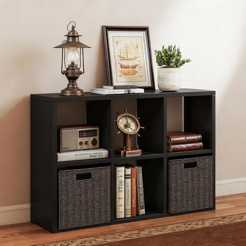 Vista 29 de Organizador de almacenamiento vertical de 2 cubos de metal, estantería corta negra con espalda abierta, estante de almacenamiento de cubo pequeño
