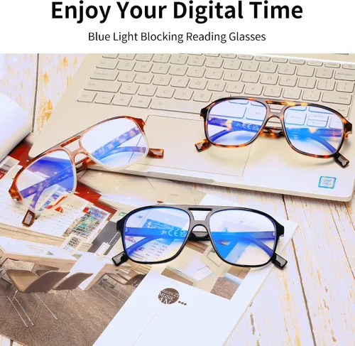 Vista 8 de JM Paquete de 3 lentes de lectura de aviador de gran tamaño para mujeres y hombres, retro cuadrados con luz azul para lectura de computadora