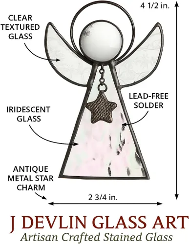 Vista 7 de J Devlin Glass Art Adorno de ángel de vidrieras – Atrapasoles de vidrio iridiscente con alas texturizadas transparentes y acento de estrella