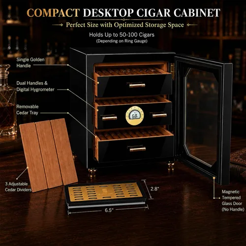 Vista 3 de Woodronic Gabinete humidor de puros para 100 unidades con higrómetro digital, humidificadores de gel de cristal, bandejas y divisores forrados