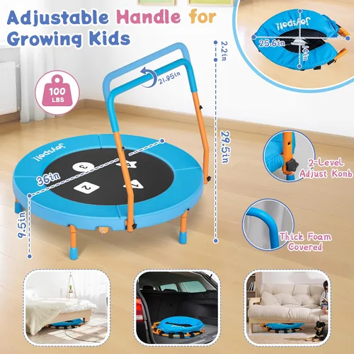 Vista 3 de 3FT Toddler Trampoline with Adjustable Handlebar, 36" Foldable & Spring-Free, Mini Kids Indoor Outdoor Trampoline for Ages 1-6, Noiseless Jumping
