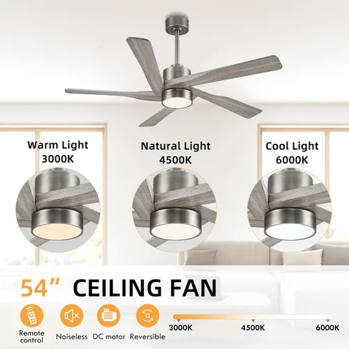 Vista 7 de WINGBO Ventilador de techo ABS DC de 54 pulgadas con luces, ventilador de techo de grano de madera ABS de 5 aspas con control remoto, motor CC