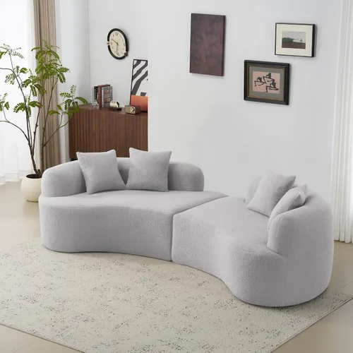 Vista 12 de Sofá biplaza curvado moderno de 67 pulgadas, sofá tapizado de terciopelo de peluche, cómodo sofá comprimido con 2 almohadas para espacios pequeños