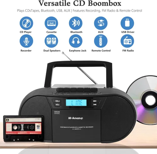 Vista 2 de Boombox Reproductor de CD Portátil, Combo Reproductor de Casetes con CD MP3 Bluetooth AUX TF USB Radio FM Alimentado por AC/DC, Caja de Boom