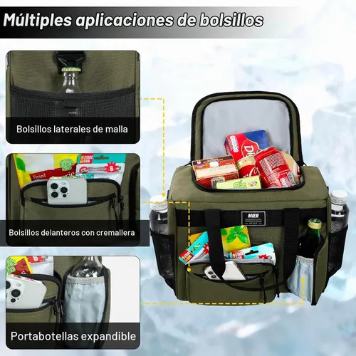 Vista 6 de MIER - Lonchera grande de 18 litros para hombres y mujeres, con aislamiento para 30 latas, color verde militar