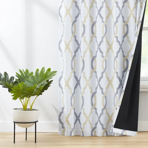 Vista 8 de FMFUNCTEX Cortinas 100% opacas de 84 pulgadas de largo para dormitorio, cortinas con patrón geométrico amarillo gris sobre blanco, cortinas