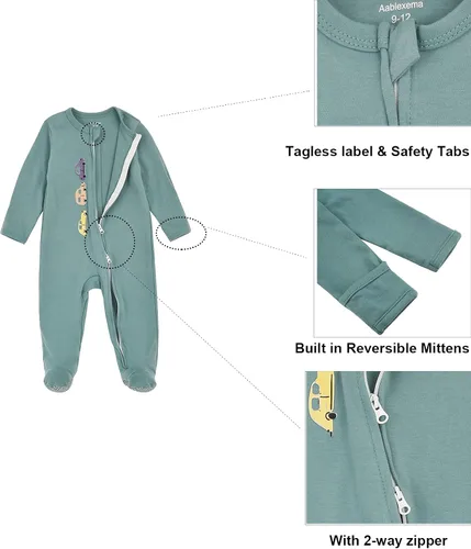 Vista 2 de Aablexema Pijama de bebé con puños de manopla, doble cremallera, ropa de algodón para bebés, pijamas para dormir con pies
