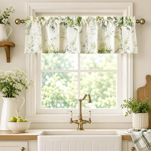 Vista 29 de Leeva Cortinas rústicas de cocina con estampado floral verde mezclado de lino para media ventana, para comedor, bolsillo para barra, cafetería