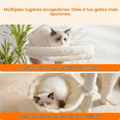 Vista 5 de Heybly - Árbol de gato con cepillo autolimpiante, torre de gato para interior con plataforma acolchada de felpa, casa de gato con cesta, poste