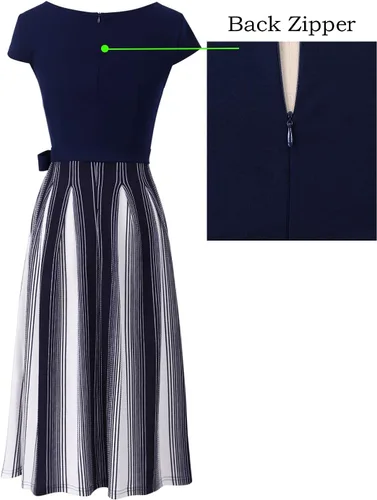 Vista 4 de VFSHOW Elegante vestido midi acampanado con bolsillos de retazos y cinturón, plisado, para trabajo, oficina, negocios, fiesta, acampanado, para mujer
