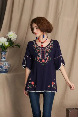Vista 4 de Blusa mexicana estilo bohemio bordada para mujer