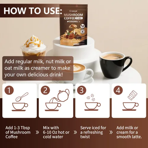 Vista 6 de Café orgánico de hongos con bajo contenido de cafeína, 11 superalimentos, café instantáneo con ashwagandha, shilajit, melena de león, reishi, chaga