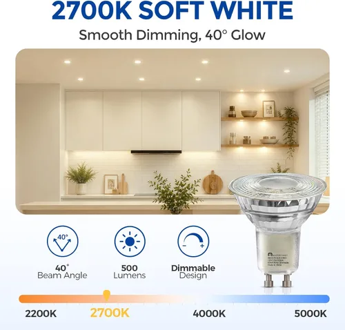 Vista 4 de MASTERY MART - Bombillas LED GU10, equivalentes a 50 W, 5,5 W regulables, cubierta de cristal completa, reflector de luz blanca suave de 2700 K
