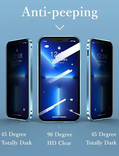 Vista 3 de Funda antimiradas con cerradura para iPhone 13 Pro, funda magnética de vidrio con protector de lente de cámara integrado, protector de pantalla