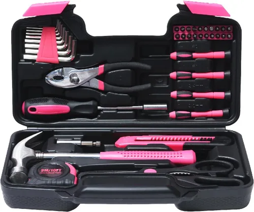 Vista 4 de Kit de herramientas básicas de 39 piezas para mujeres, juego de herramientas rosadas multiusos para el hogar con herramientas manuales y caja