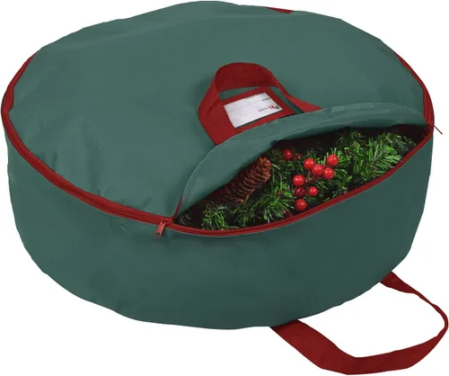 Vista 7 de Bolsa de almacenamiento de corona de Navidad resistente de 24 pulgadas, contenedor de coronas con asas, material de poliéster Oxford 600D duradero