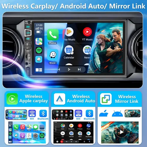 Vista 2 de Estéreo de auto de doble DIN compatible con Carplay inalámbrico y Android Auto y Mirror Link, pantalla táctil HD 1024 x 600 de 7 pulgadas