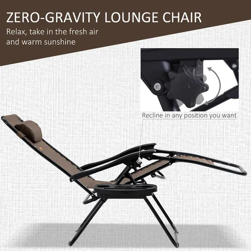 Vista 10 de Outsunny Juego de sillas Zero Gravity con mesa auxiliar, portavasos, marrón