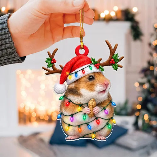 Vista 3 de Talataca Hámster con sombrero de Navidad, reno con cadena de luces 2D plano para espejo retrovisor para automóvil, accesorios para el árbol