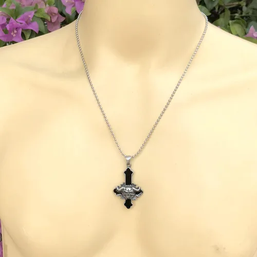 Vista 5 de Invertido al revés gótico Cruz Negra Baphomet Lucifer Cara del Diablo Cráneo Demonio Satánico Metal Pesado Punk Rock Biker Joyería Pewter Collar