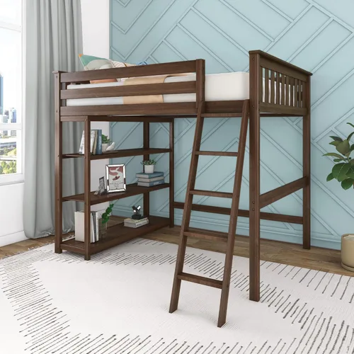 Vista 9 de Max & Lily Cama alta de tamaño matrimonial con estantería, arcilla, madera maciza, marco de cama moderno para niños/adolescentes, pino, acabado