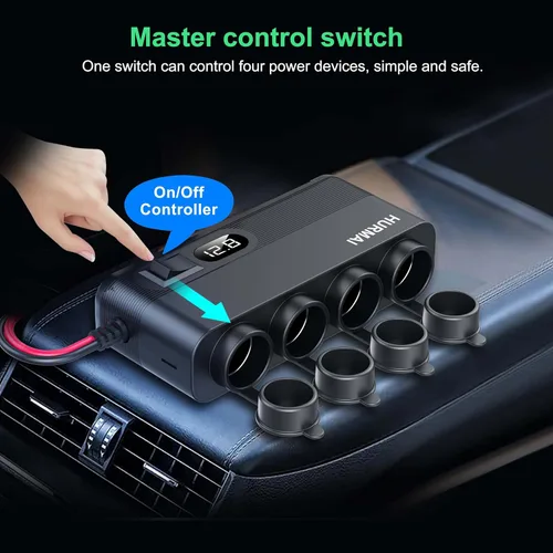 Vista 5 de Cargador de Coche Resistente de 10 Pies 12V/24V, Adaptador de Encendedor de Cigarrillos de 216W de 7 Puertos con Carga Rápida USB-C PD30W/QC3.0