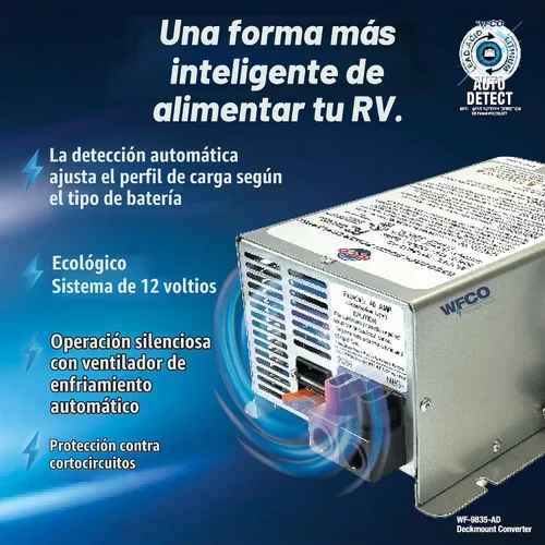Vista 4 de WFCO Convertidor/Cargador RV WF-9835-AD-CB Genuino Montaje en Cubierta Salida DC de 35 Amperios con Tecnología Patentada Auto Detect™ Carga