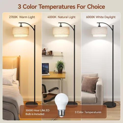 Vista 2 de Lámparas de pie SUNMORY para sala de estar con bombilla LED de 12W, lámpara de pie de arco con 3 temperaturas de color, lámparas de pie modernas