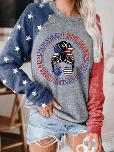 Vista 3 de Sudadera Unmasked Unmuzzled Unvaccinated Unafraid para mujer, cuello redondo, bandera de la libertad de Estados Unidos, suéter patriótico