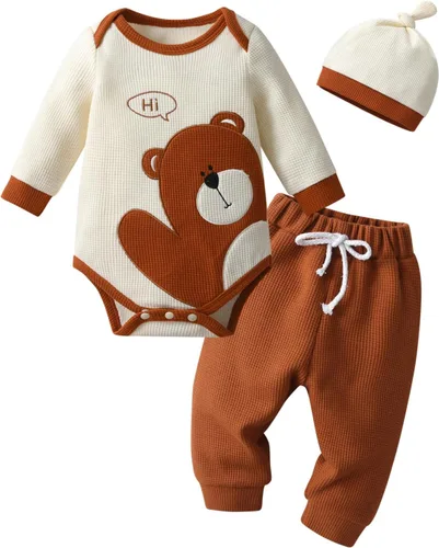 Vista 56 de Conjunto de 3 piezas de ropa de bebé recién nacido con estampado de manga larga + pantalones + sombrero