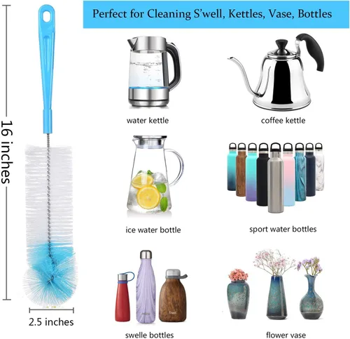 Vista 3 de ALINK Juego de 5 cepillos azules para botellas + cepillo de limpieza de drenaje de fregadero