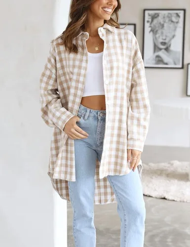 Vista 4 de Zontroldy Chaqueta corta de pana a cuadros para mujer, con botones, de manga larga, con botones, Marrón