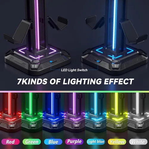 Vista 3 de KDD RGB Headset Stand with 9 Light Modes - Controller Holder for Desk - Rotatable Headphone Stand & Detachable Controller Hook for PC Earphone
