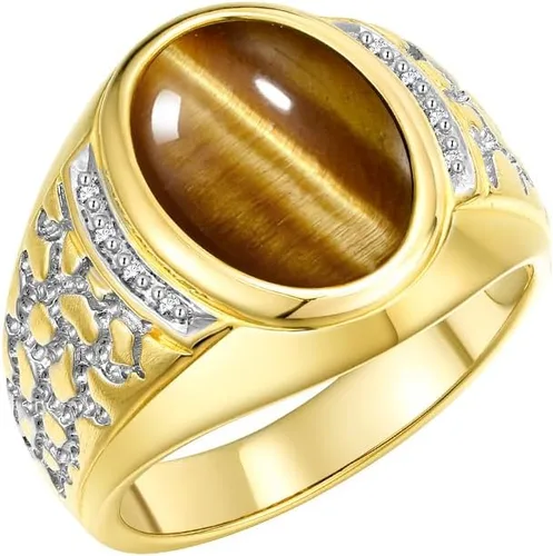 Vista 3 de Rylos Anillo de pepita para hombre en plata chapada en oro amarillo con piedras preciosas y diamantes en tallas 8-13., Oro amarillo, piedras