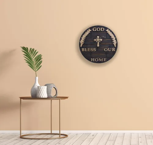 Vista 2 de Placa de madera para colgar en pared y hogar con diseño de Dios bendiga nuestro hogar, decoración y regalo