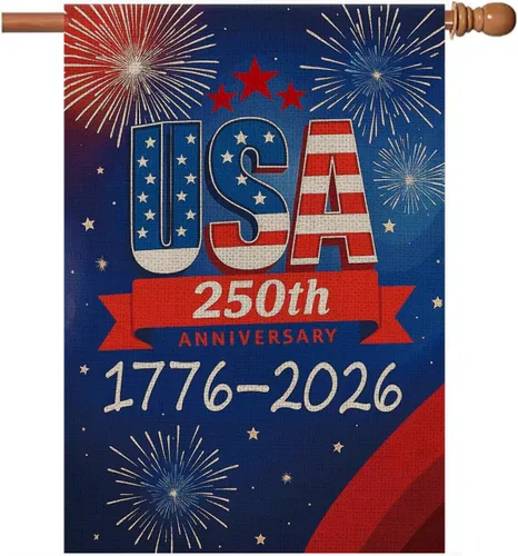 Vista 10 de Bandera de jardín de 250 años de Estados Unidos, pancarta de 250 aniversario con diseño de fuegos artificiales, letrero patriótico del 4 de julio