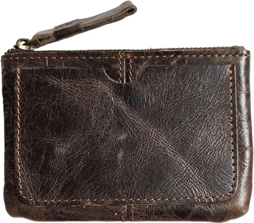 Vista 9 de Monedero de cuero genuino para mujeres y hombres, estilo vintage, cuero de grano de vacuno, delgado, minitarjetero con cremallera de metal con asa