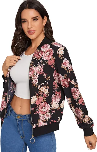 Vista 3 de MakeMeChic Chaqueta de béisbol de manga larga con estampado floral para mujer