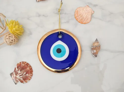 Vista 3 de Glass Blue Evil Eye Wall Hanging Gold Ornament - Turkish Nazar Bead - Home Protection Charm - Wall Decor Amulet in a Black Box (3")