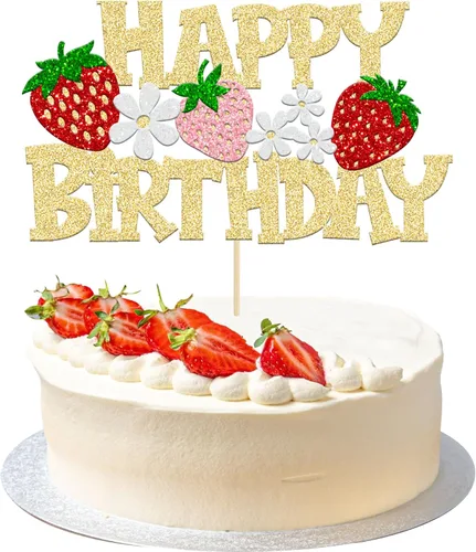 Vista 10 de Gyufise 1 pieza de fresa Sweet One Cake Topper Glitter First Birthday Strawberry Cake Pick para el tema de fruta dulce, baby shower, fiesta