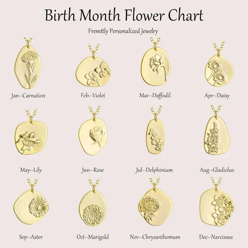 Vista 4 de Collar con dije de moneda ovalada con flor de 12 meses de nacimiento, collar de oro real de 14 quilates, delicada, regalo personalizado