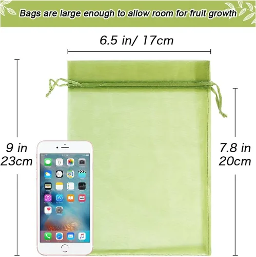 Vista 3 de 100 piezas de bolsas de protección de frutas 15x23 cm, bolsas de cobertura de malla verde con cordón, protectores de frutas de malla, barrera contra