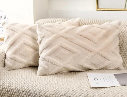 Vista 13 de Juego de 2 fundas de almohada de piel sintética beige de 16x16, funda de almohada decorativa de cuadros suave estilo boho para sofá, cama, sala