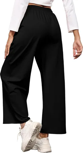 Vista 5 de Locoowai Paquete de 2 pantalones deportivos de pierna recta para mujer, con cordón, cintura elástica, holgados, pierna ancha, pantalones casuales
