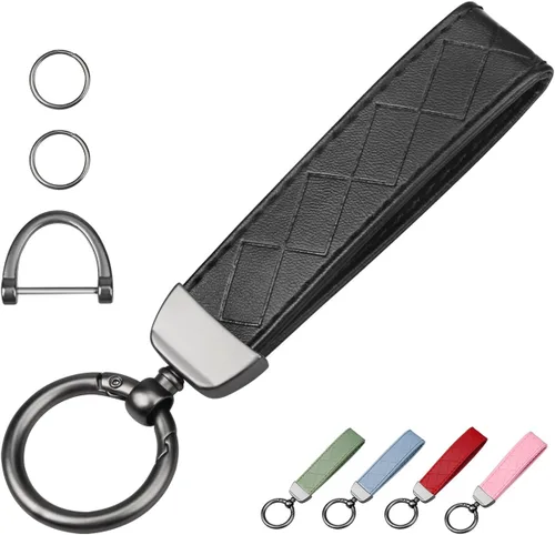 Vista 15 de QBUC Llavero de coche estilo fibra de carbono, llavero portallaves de cuero de microfibra para hombres y mujeres, con giratorio de 360 grados, Negro